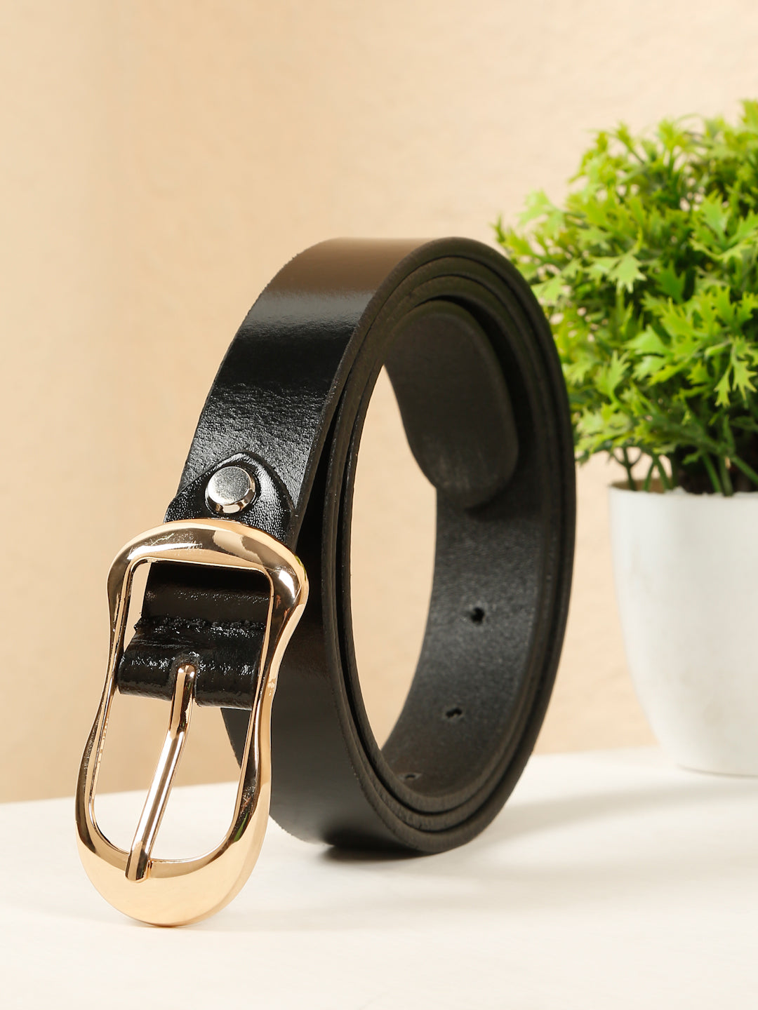 Women's Black Leather Belt with Gold Sculpted Pin Buckle - Main Image