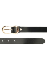 Load image into Gallery viewer, Women’s Black Leather Belt with Gold Sculpted Pin Buckle
