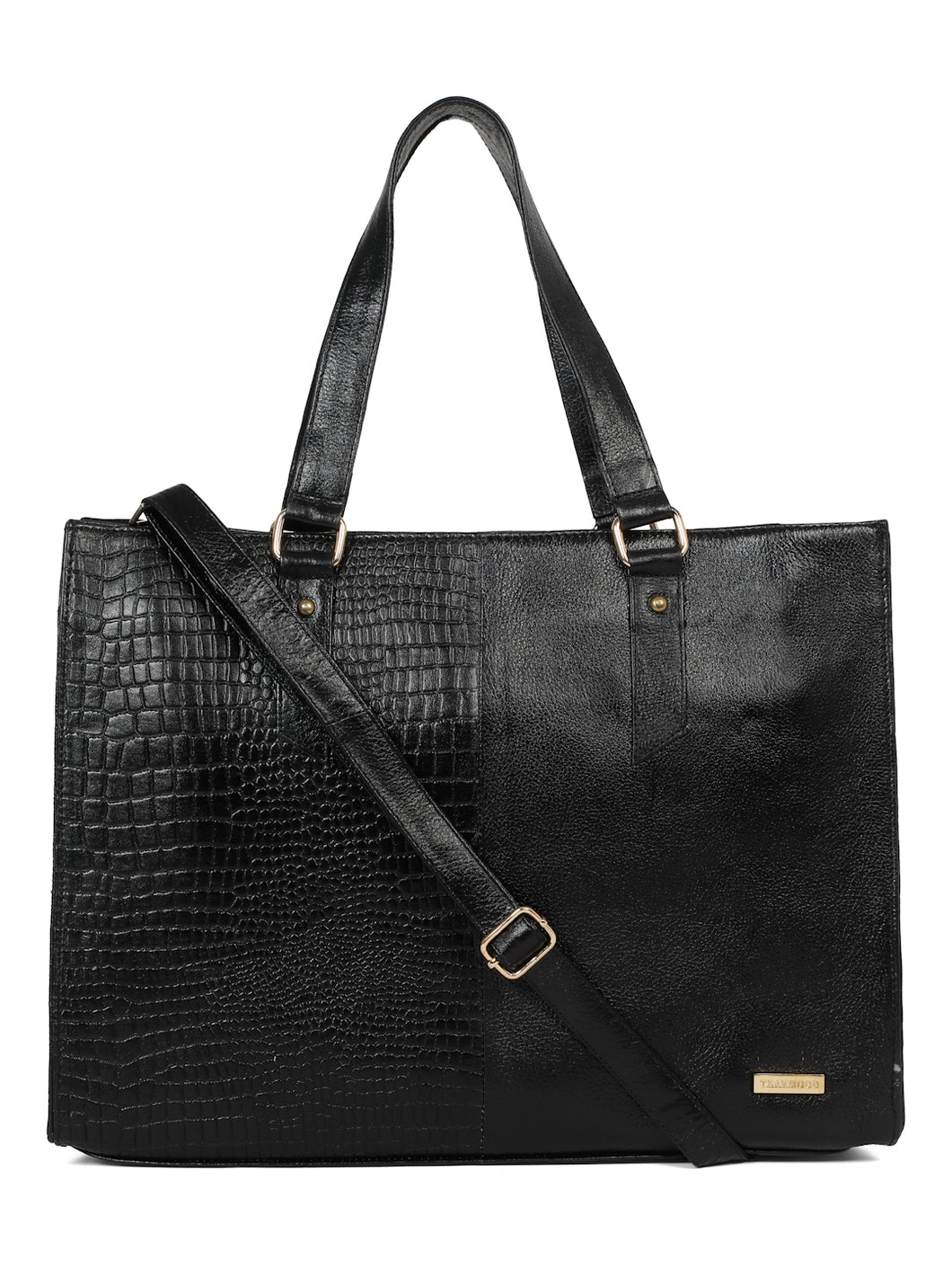 Women's Black Croco & Solid Leather Tote Bag