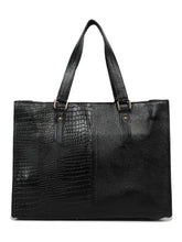 Load image into Gallery viewer, Women&#39;s Black Croco &amp; Solid Leather Tote Bag
