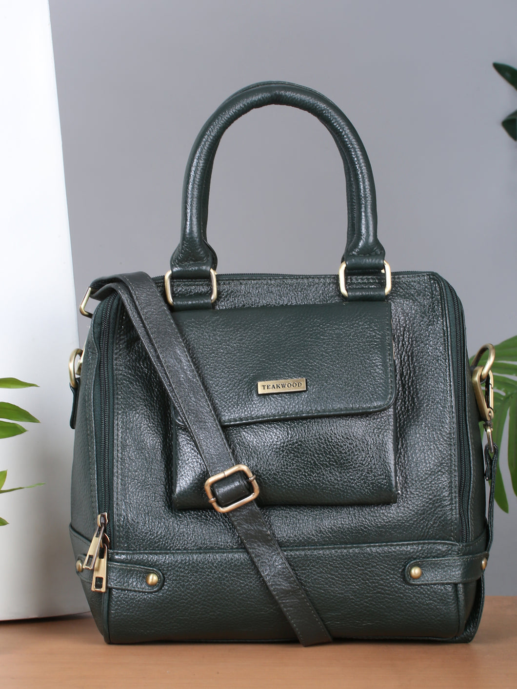 Women Leather Green Structured Handheld Bag