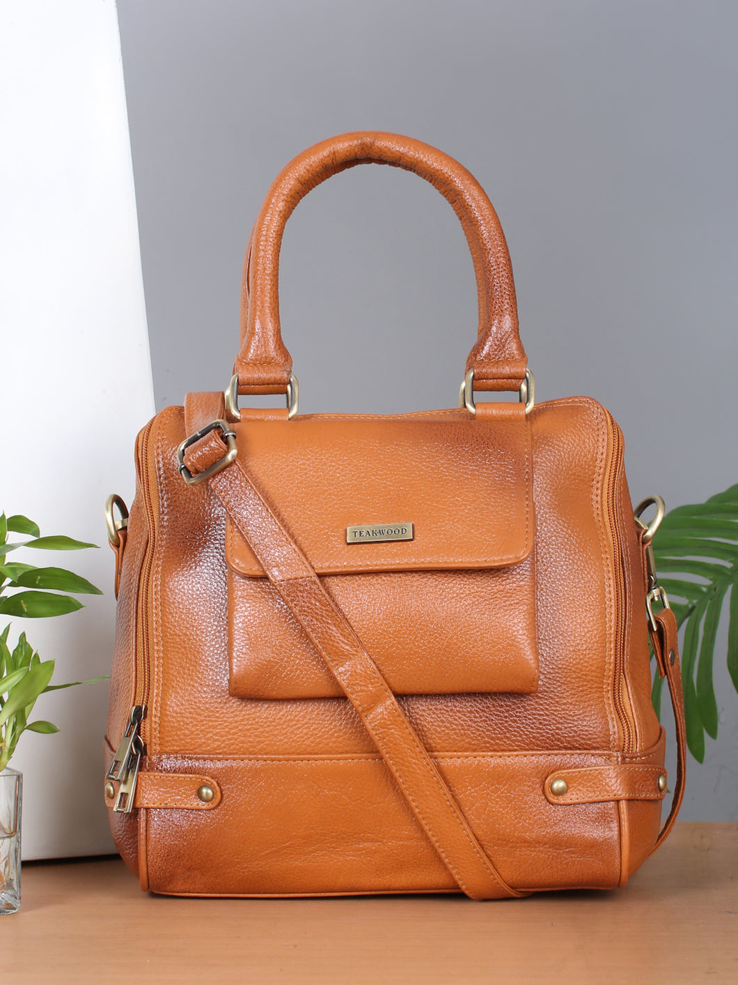 Women Leather Tan Structured Handheld Bag