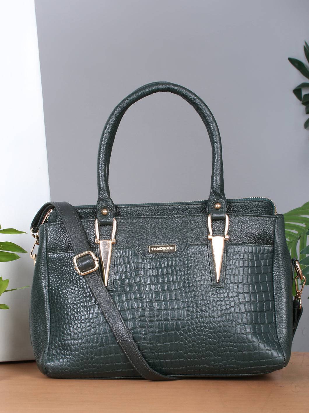 Women green Texture Leather Handheld Bag