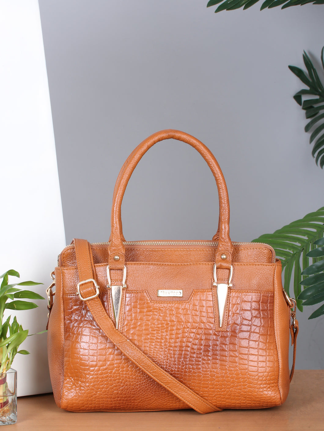 Women Tan Texture Leather Handheld Bag