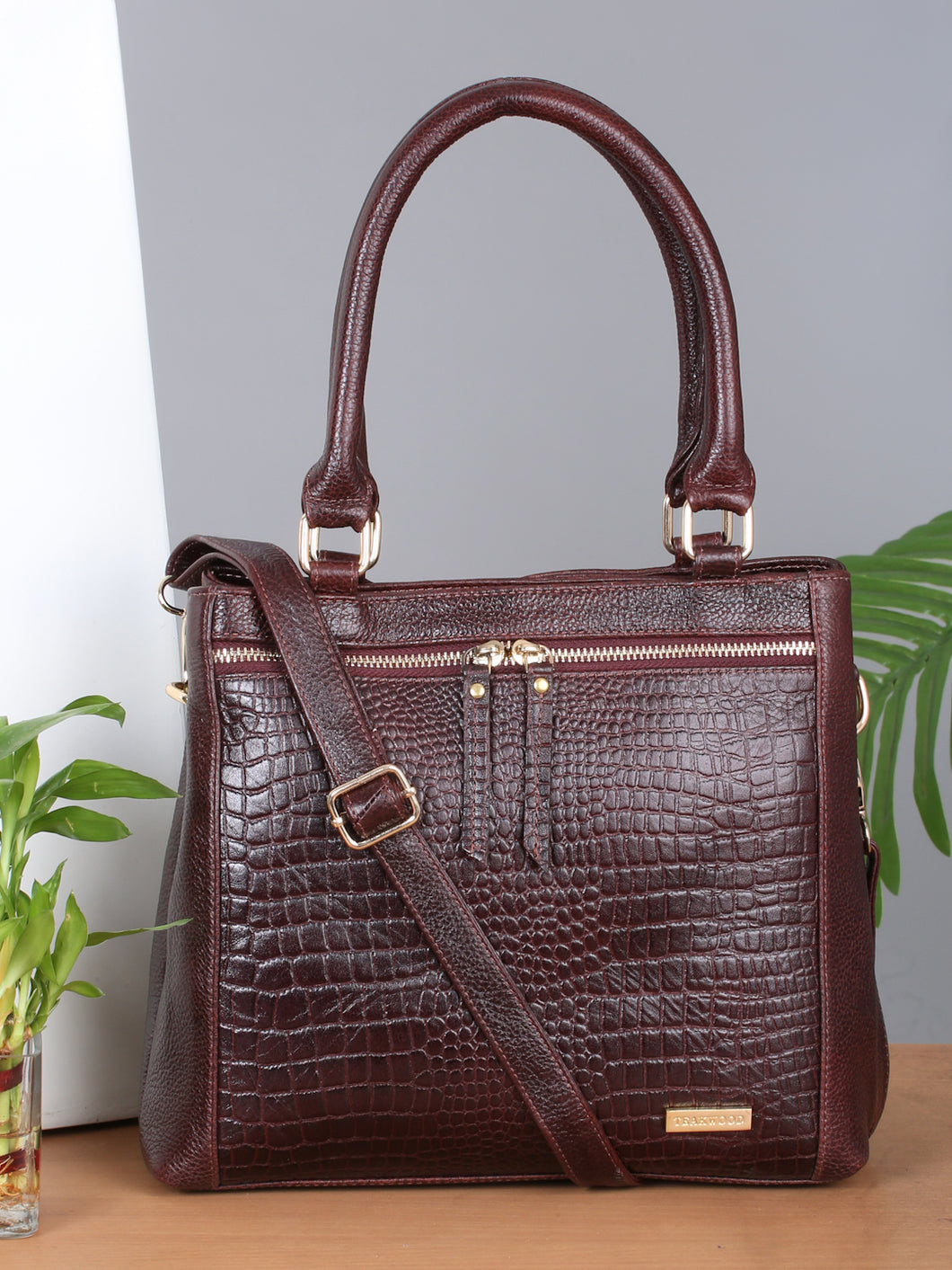 Women Brown Texture Leather Structured Handheld Bag