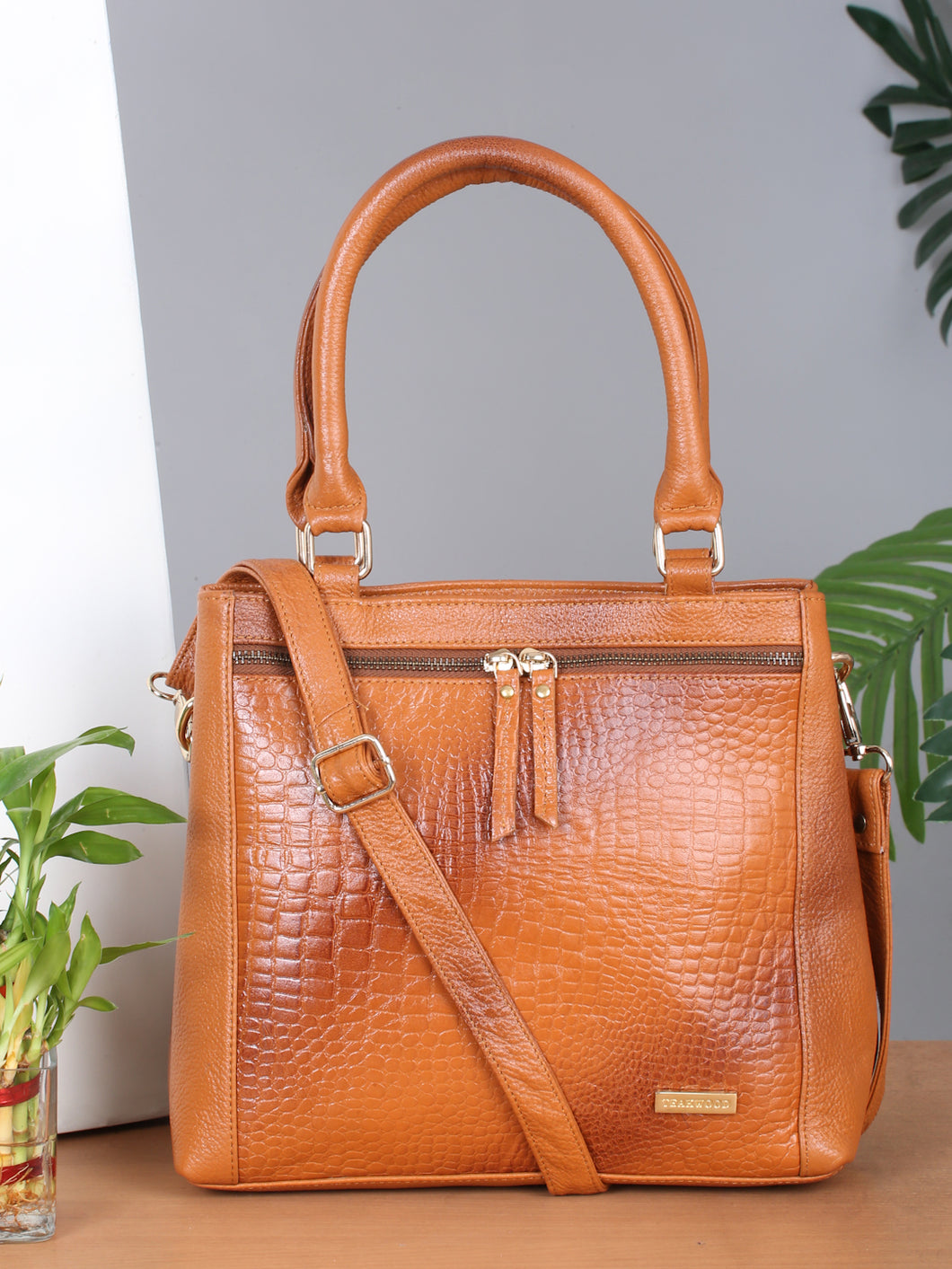 Women Tan Texture Leather Structured Handheld Bag