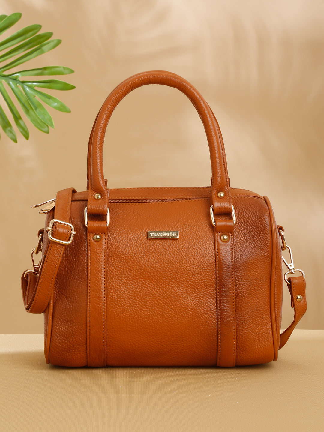 Women Tan Texture Leather Structured Bag Teakwood Leathers