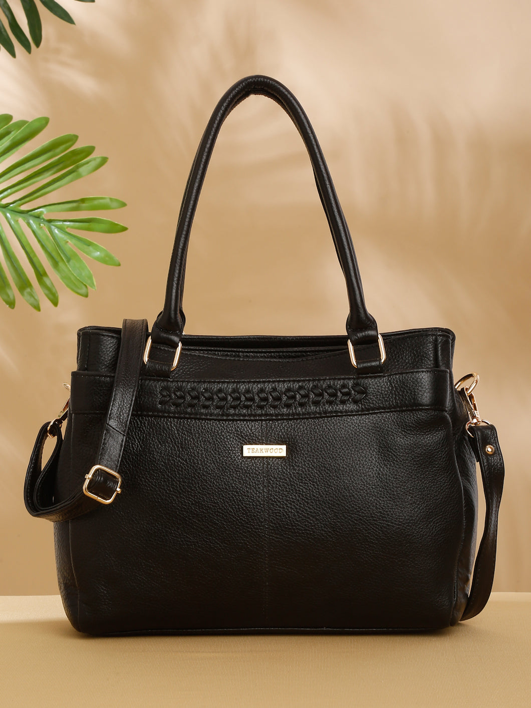 Women Black Texture Leather Handheld Bag