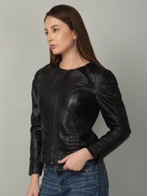 Load image into Gallery viewer, Women Black solid Leather Jacket
