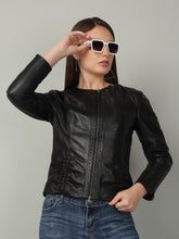 Load image into Gallery viewer, Women Black solid Leather Jacket
