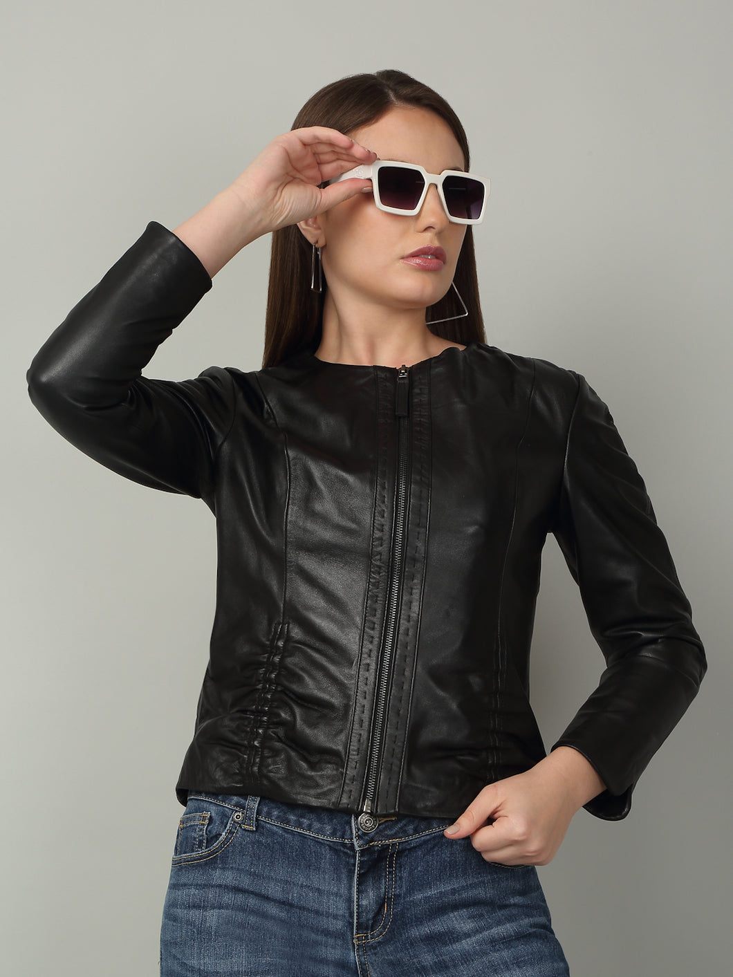 Women Black solid Leather Jacket