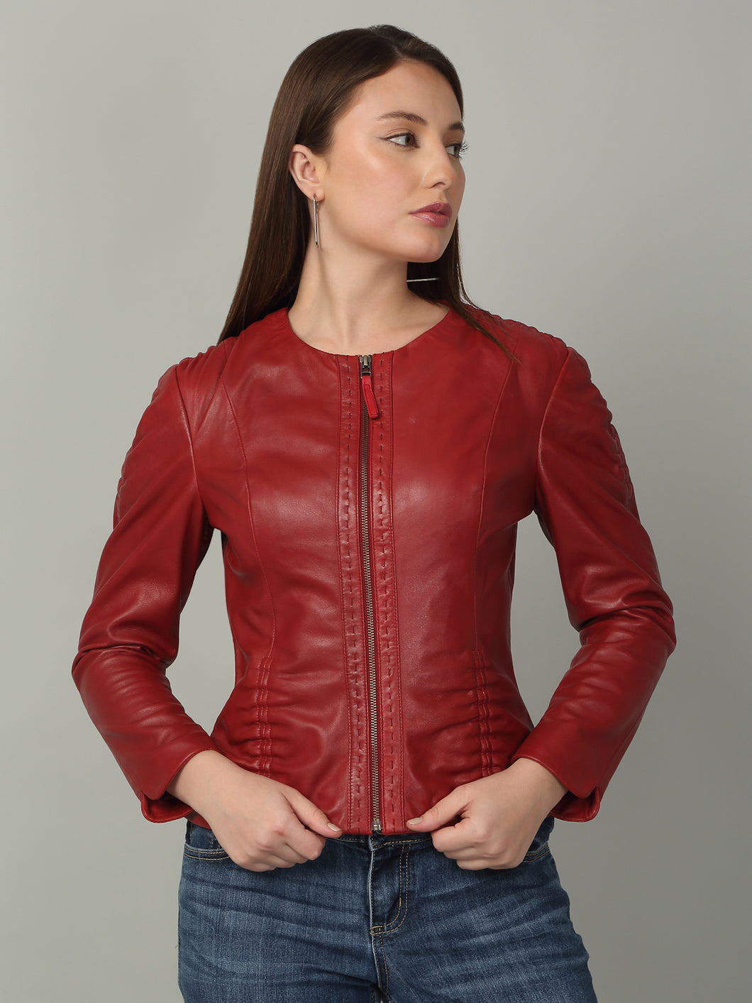 Women Red solid Leather Jacket