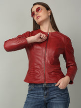 Load image into Gallery viewer, Women Red solid Leather Jacket
