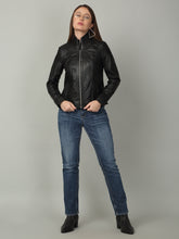 Load image into Gallery viewer, Women Black High-Neck Leather Jacket
