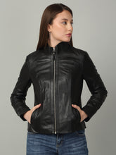 Load image into Gallery viewer, Women Black High-Neck Leather Jacket
