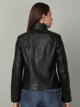 Load image into Gallery viewer, Women Black High-Neck Leather Jacket
