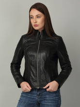 Load image into Gallery viewer, Women Black High-Neck Leather Jacket
