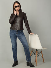 Load image into Gallery viewer, Women Brown High-Neck Leather Jacket
