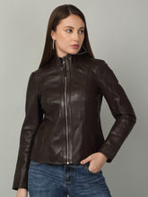 Load image into Gallery viewer, Women Brown High-Neck Leather Jacket
