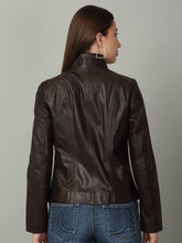 Load image into Gallery viewer, Women Brown High-Neck Leather Jacket
