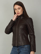 Load image into Gallery viewer, Women Brown High-Neck Leather Jacket
