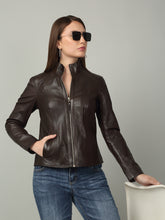 Load image into Gallery viewer, Women Brown High-Neck Leather Jacket
