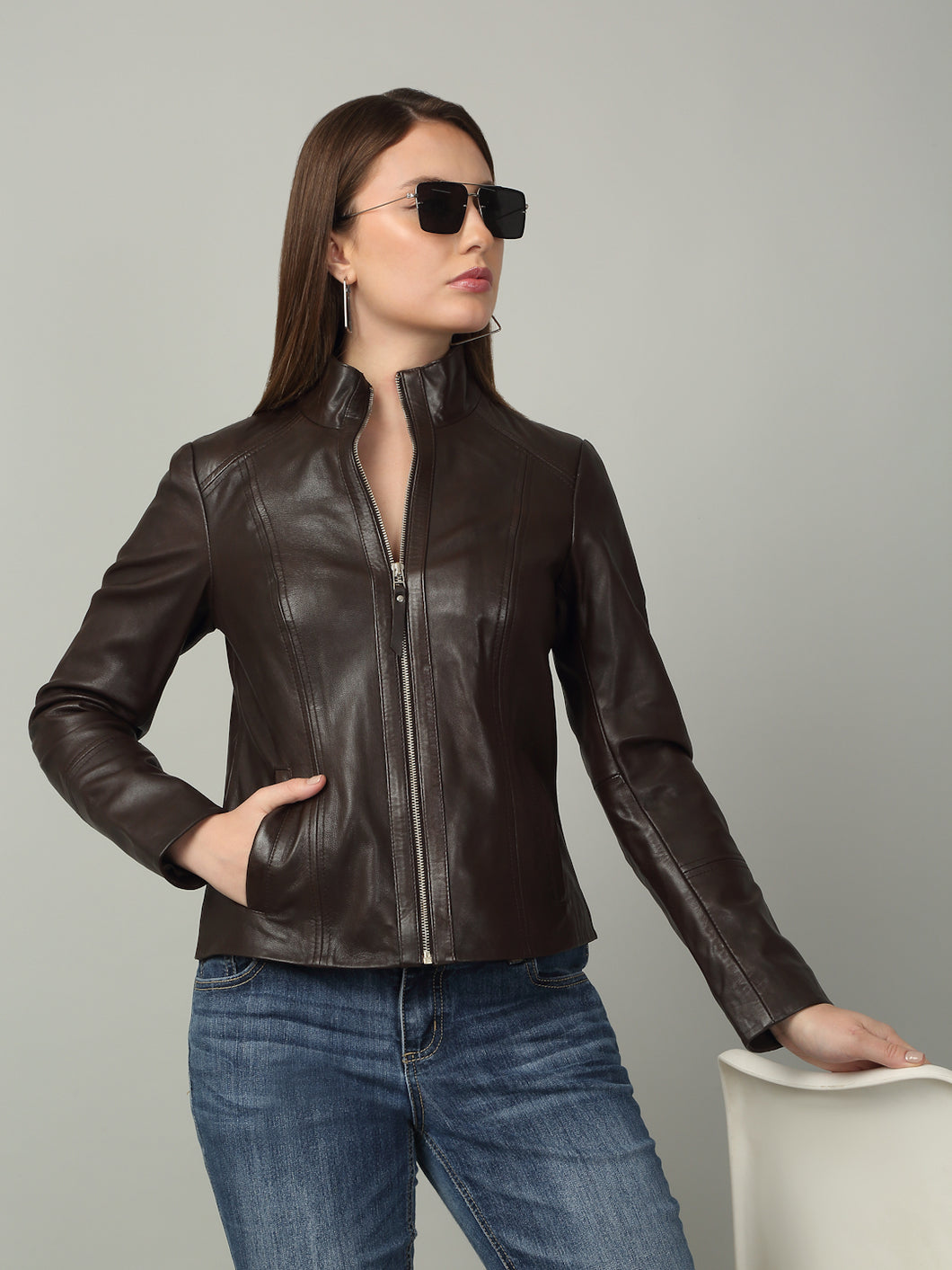 Women Brown High-Neck Leather Jacket