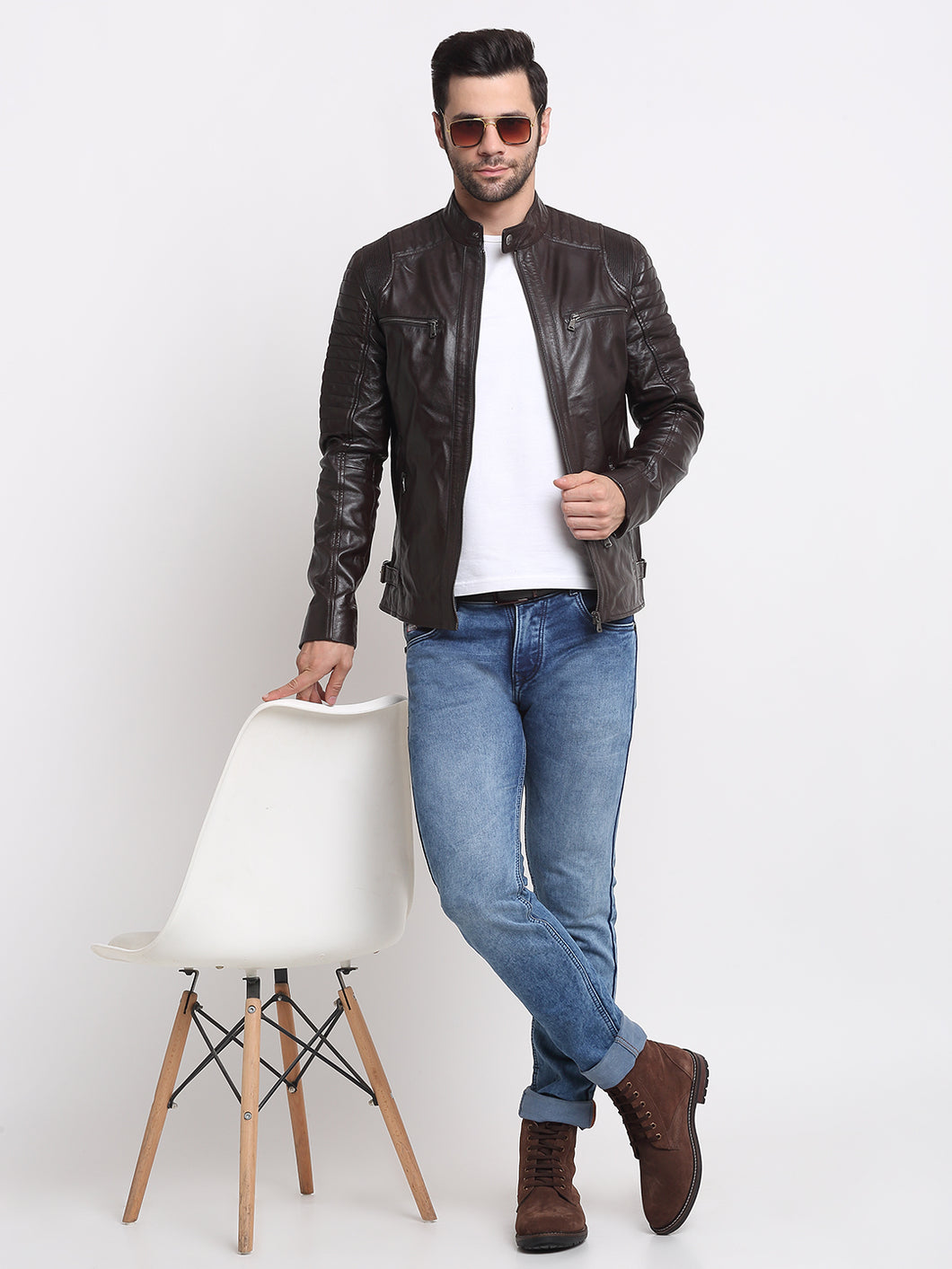Men Solid Choco Brown Leather Jacket