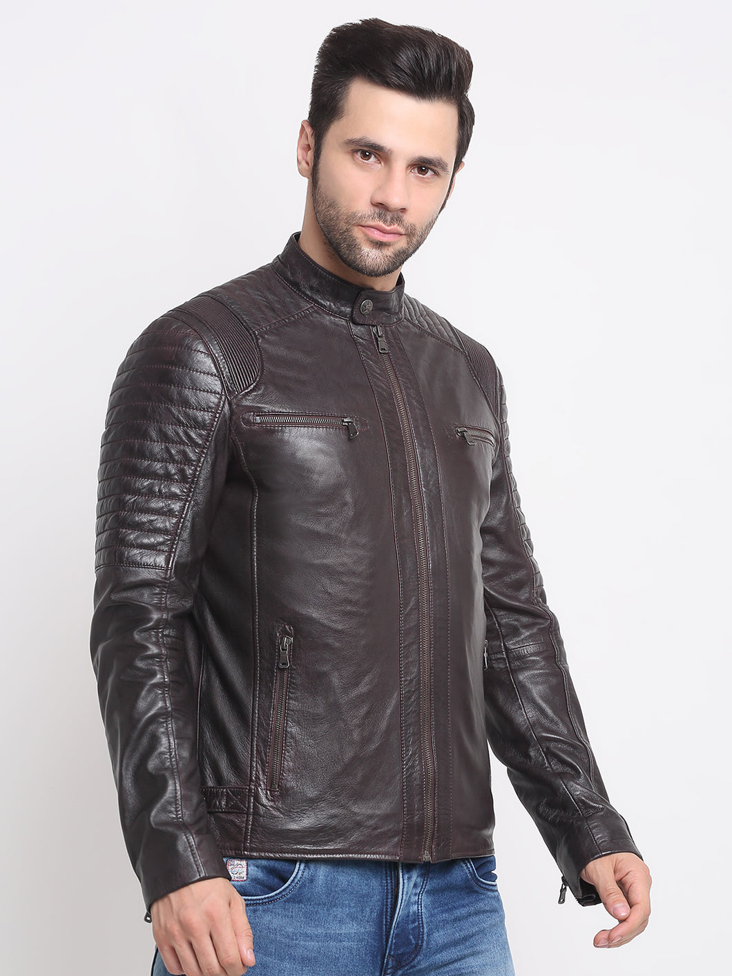Men Solid Mocca Leather Jacket