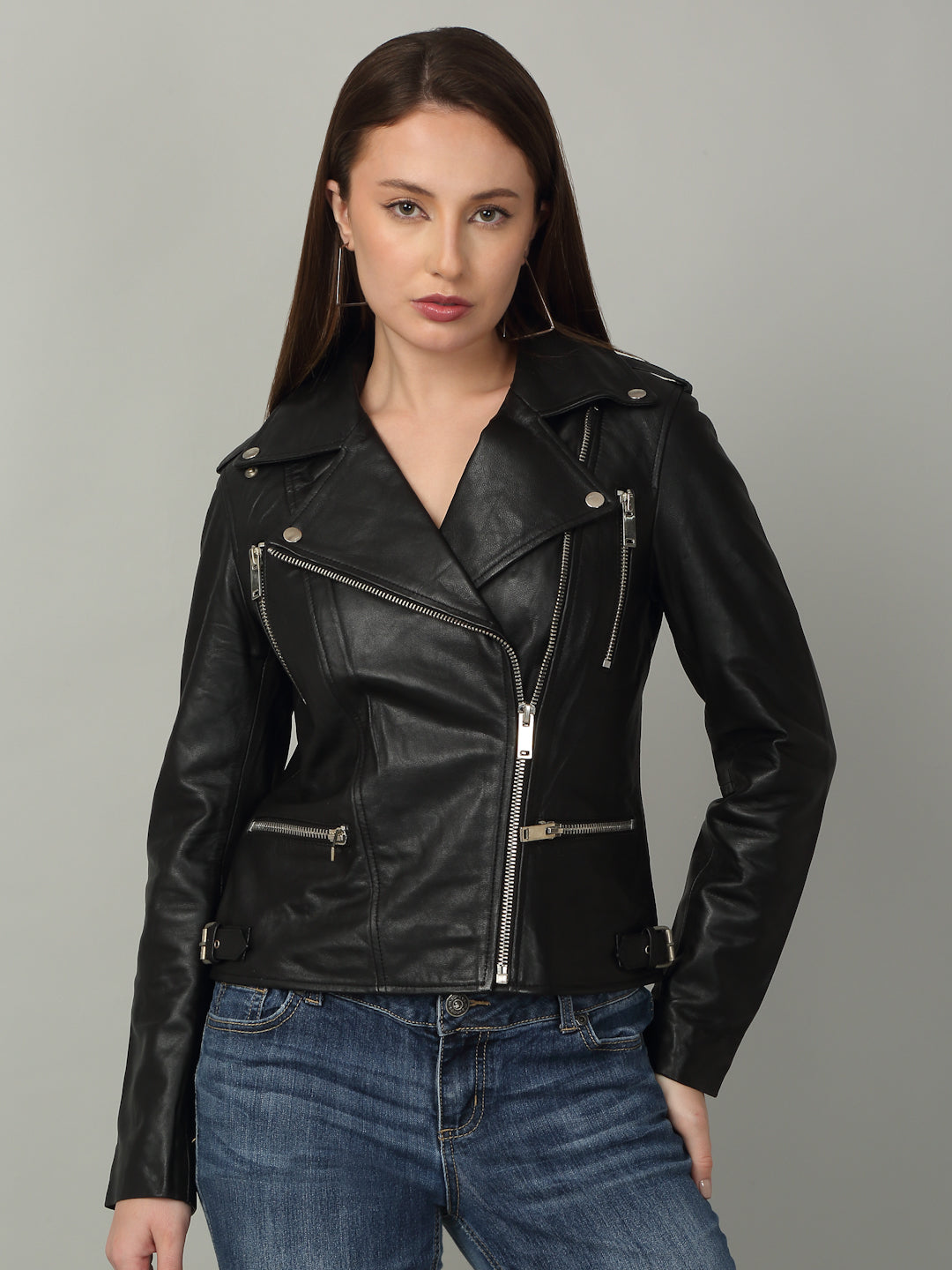 Women Retro Style Black Leather Jacket - Main Image
