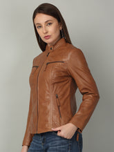 Load image into Gallery viewer, Women Sleek Cognac Leather Jacket
