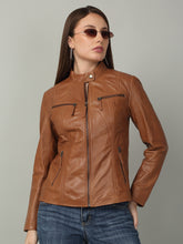 Load image into Gallery viewer, Women Sleek Cognac Leather Jacket
