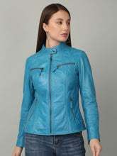 Load image into Gallery viewer, Women Sleek Royal Blue Leather Jacket
