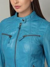 Load image into Gallery viewer, Women Sleek Royal Blue Leather Jacket
