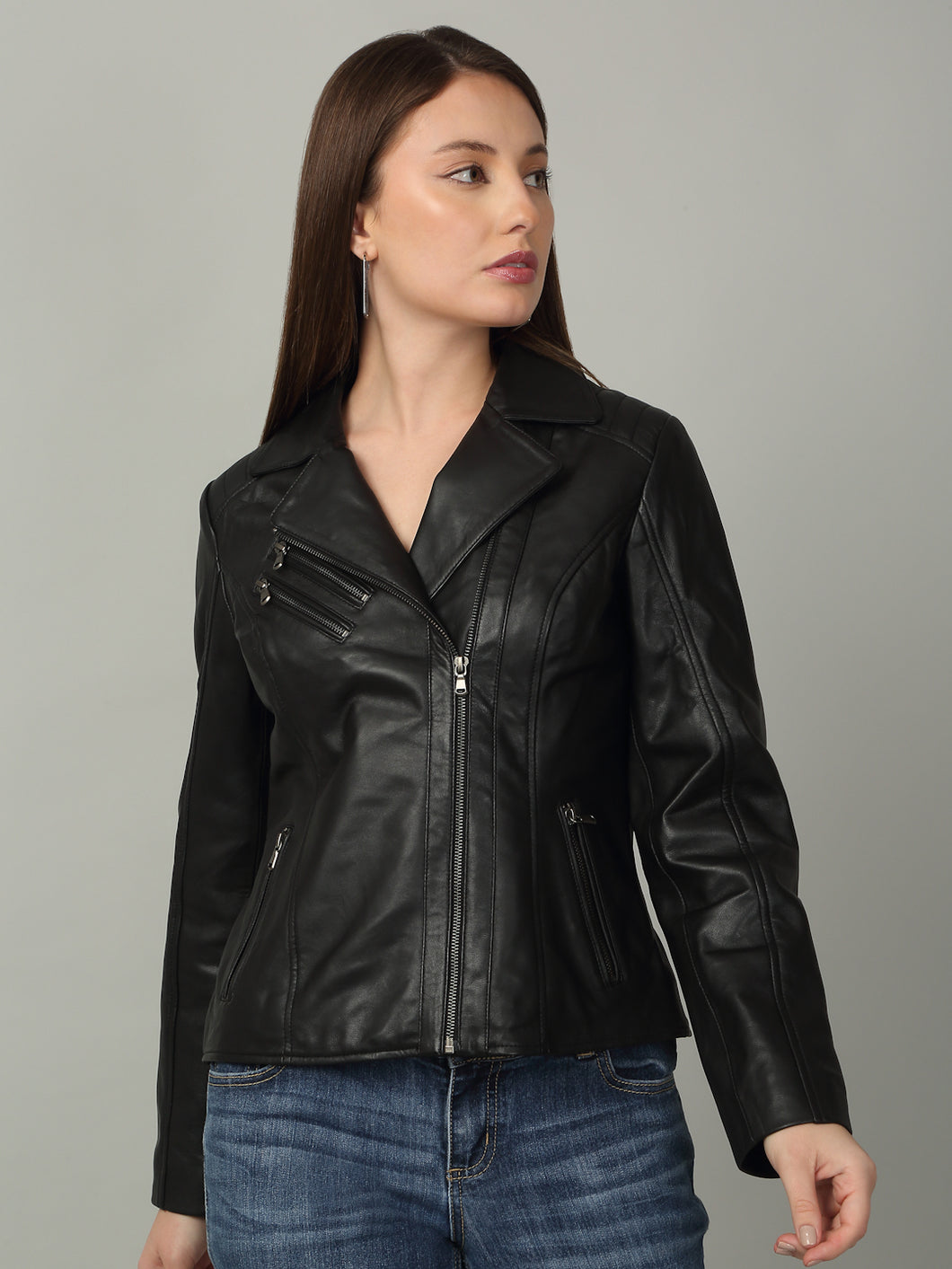 Women Classic Black Biker Leather Jacket