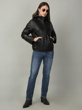 Load image into Gallery viewer, Women&#39;s Black Leather Hooded Jacket
