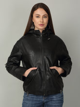 Load image into Gallery viewer, Women&#39;s Black Leather Hooded Jacket
