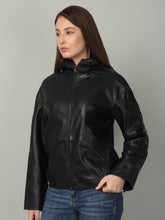 Load image into Gallery viewer, Women&#39;s Black Leather Hooded Jacket
