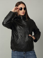 Load image into Gallery viewer, Women&#39;s Black Leather Hooded Jacket
