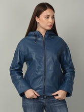 Load image into Gallery viewer, Women&#39;s Blue Leather Hooded Jacket
