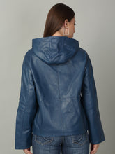 Load image into Gallery viewer, Women&#39;s Blue Leather Hooded Jacket
