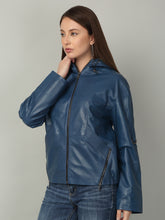 Load image into Gallery viewer, Women&#39;s Blue Leather Hooded Jacket
