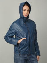 Load image into Gallery viewer, Women&#39;s Blue Leather Hooded Jacket
