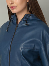 Load image into Gallery viewer, Women&#39;s Blue Leather Hooded Jacket
