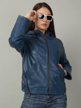 Load image into Gallery viewer, Women&#39;s Blue Leather Hooded Jacket
