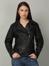 Load image into Gallery viewer, Women&#39;s Black Leather Biker Jacket
