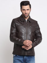 Load image into Gallery viewer, Men Brown Solid Leather Jacket
