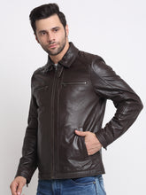 Load image into Gallery viewer, Men Brown Solid Leather Jacket
