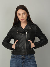 Load image into Gallery viewer, Women&#39;s Black Biker-Style Leather Jacket
