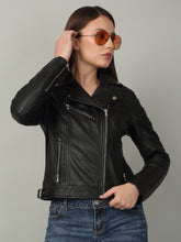 Load image into Gallery viewer, Women&#39;s Black Biker-Style Leather Jacket
